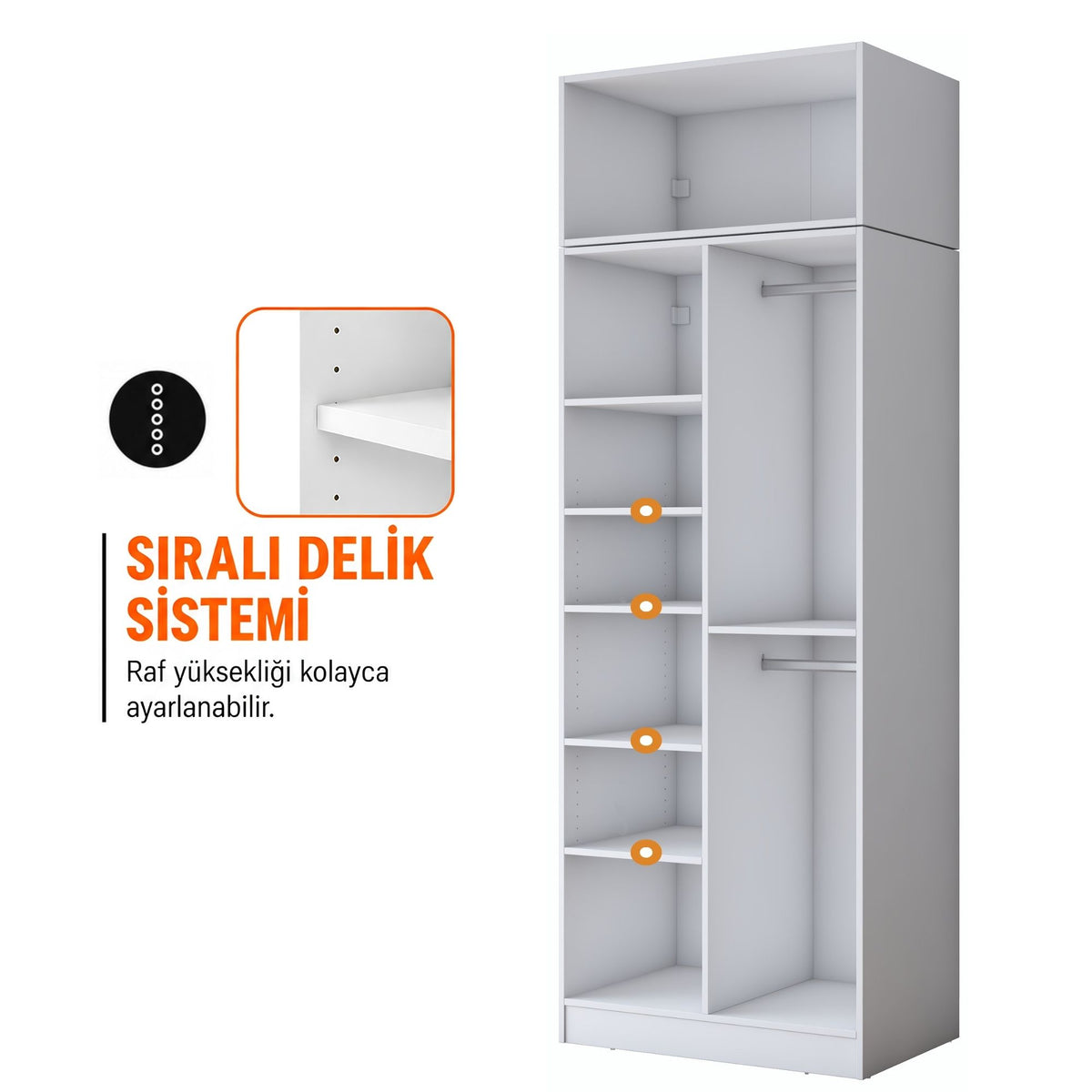Rani BA407 Membran Kapaklı Gardırop 2 Kapaklı 7 Raflı 2 Askılı Elbise Dolabı Beyaz