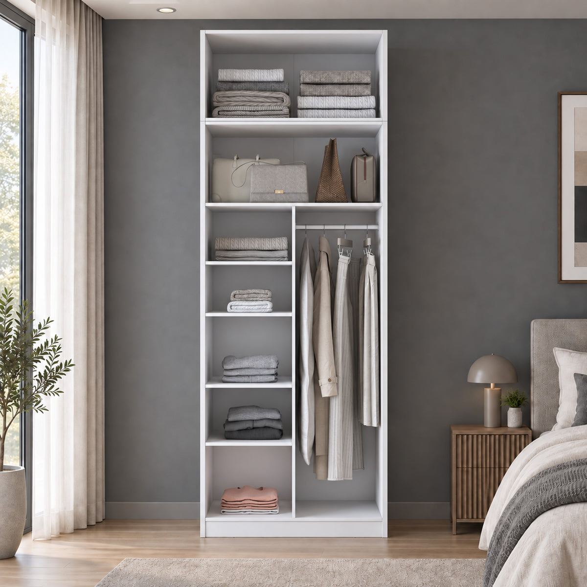 Rani BA408 Membran Kapaklı Gardırop 2 Kapaklı 6 Raflı Askılı Elbise Dolabı Beyaz