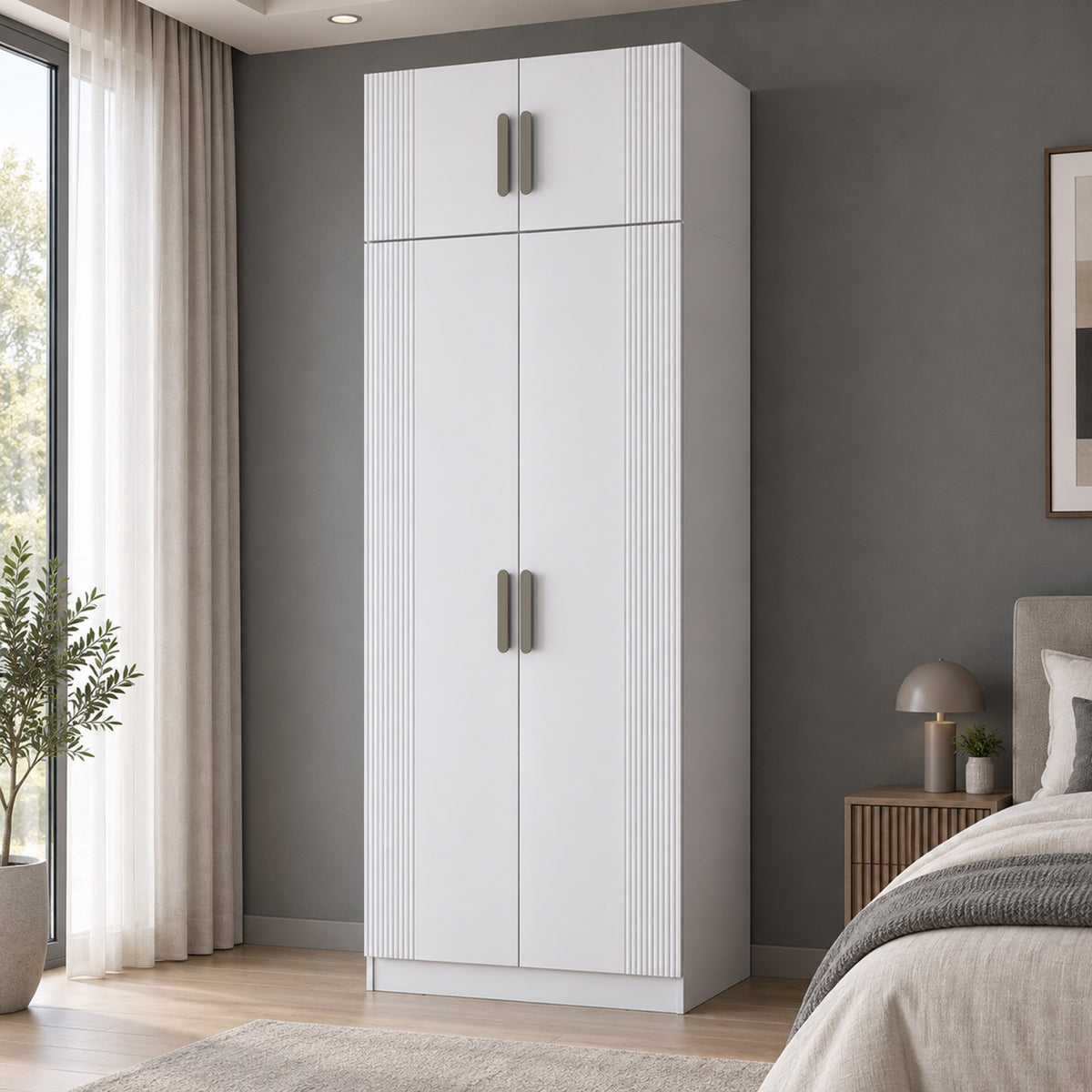 Rani BA408 Membran Kapaklı Gardırop 2 Kapaklı 6 Raflı Askılı Elbise Dolabı Beyaz