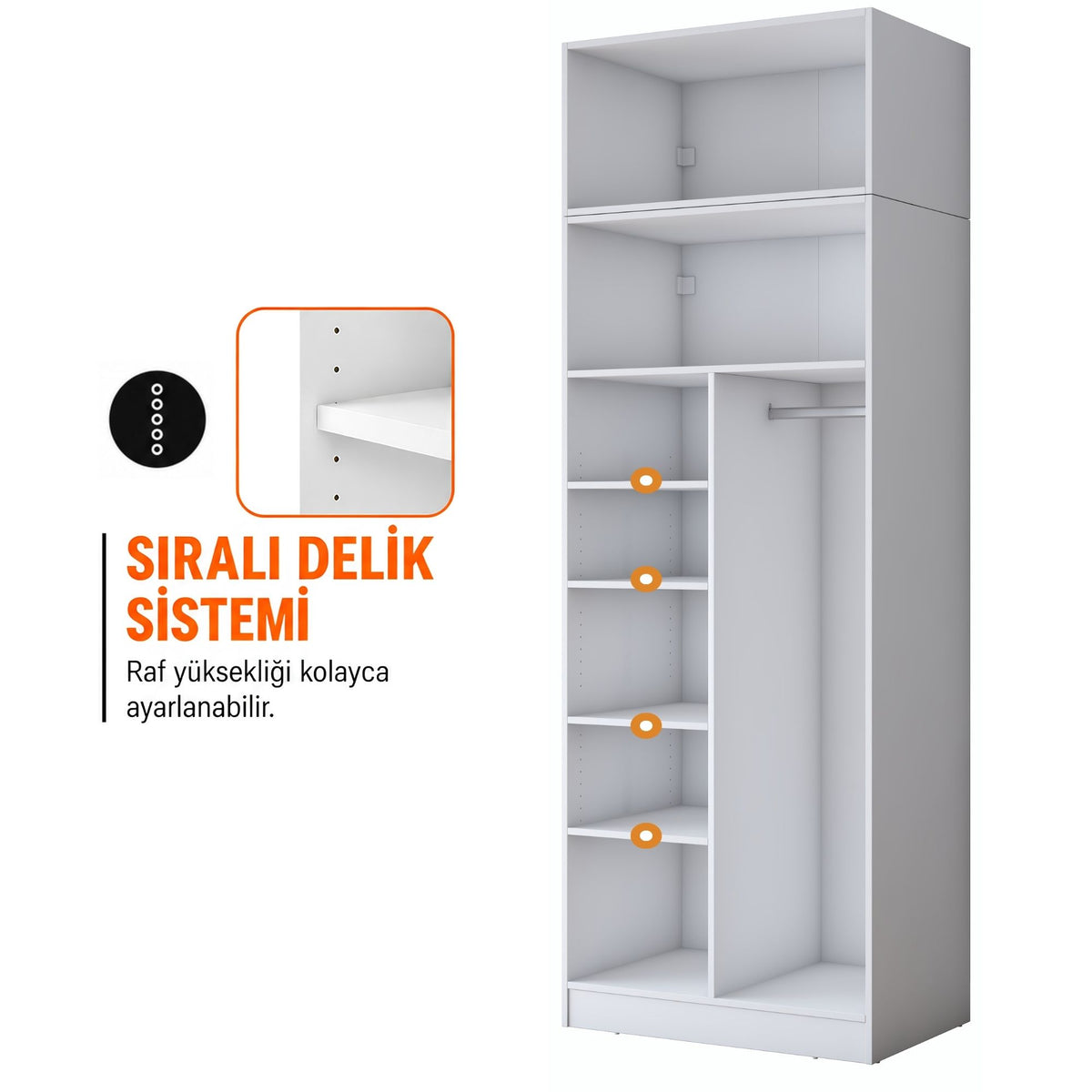 Rani BA408 Membran Kapaklı Gardırop 2 Kapaklı 6 Raflı Askılı Elbise Dolabı Beyaz