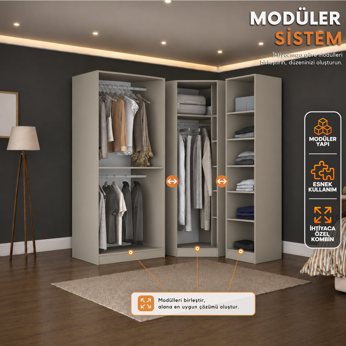 Rani BA398 Membran Kapaklı Modüler Köşe Gardırop 4 Kapaklı Raflı Askılı Elbise Dolabı Kumtaşı