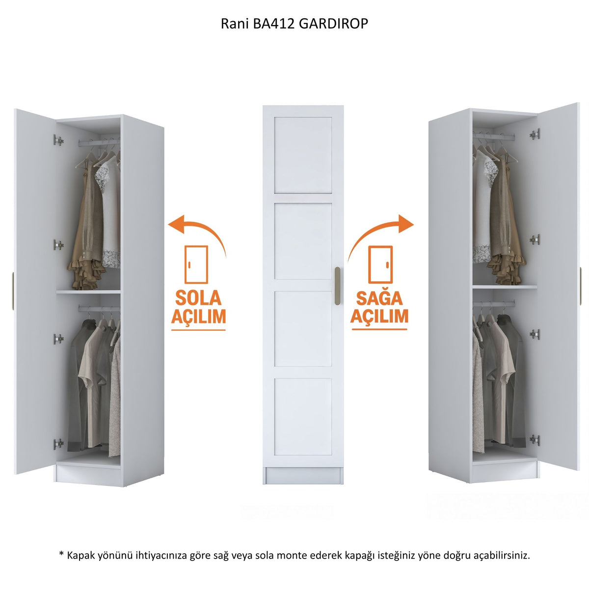 Rani BA412 Membran Kapaklı Gardırop Tek Kapaklı Raflı 2 Askılı Elbise Dolabı Beyaz
