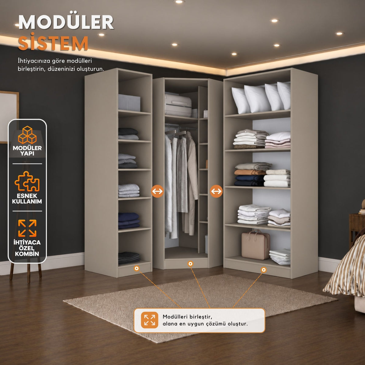 Rani BA391 Modüler Köşe Gardırop 4 Kapaklı Raflı Askılı Elbise Dolabı Kumtaşı