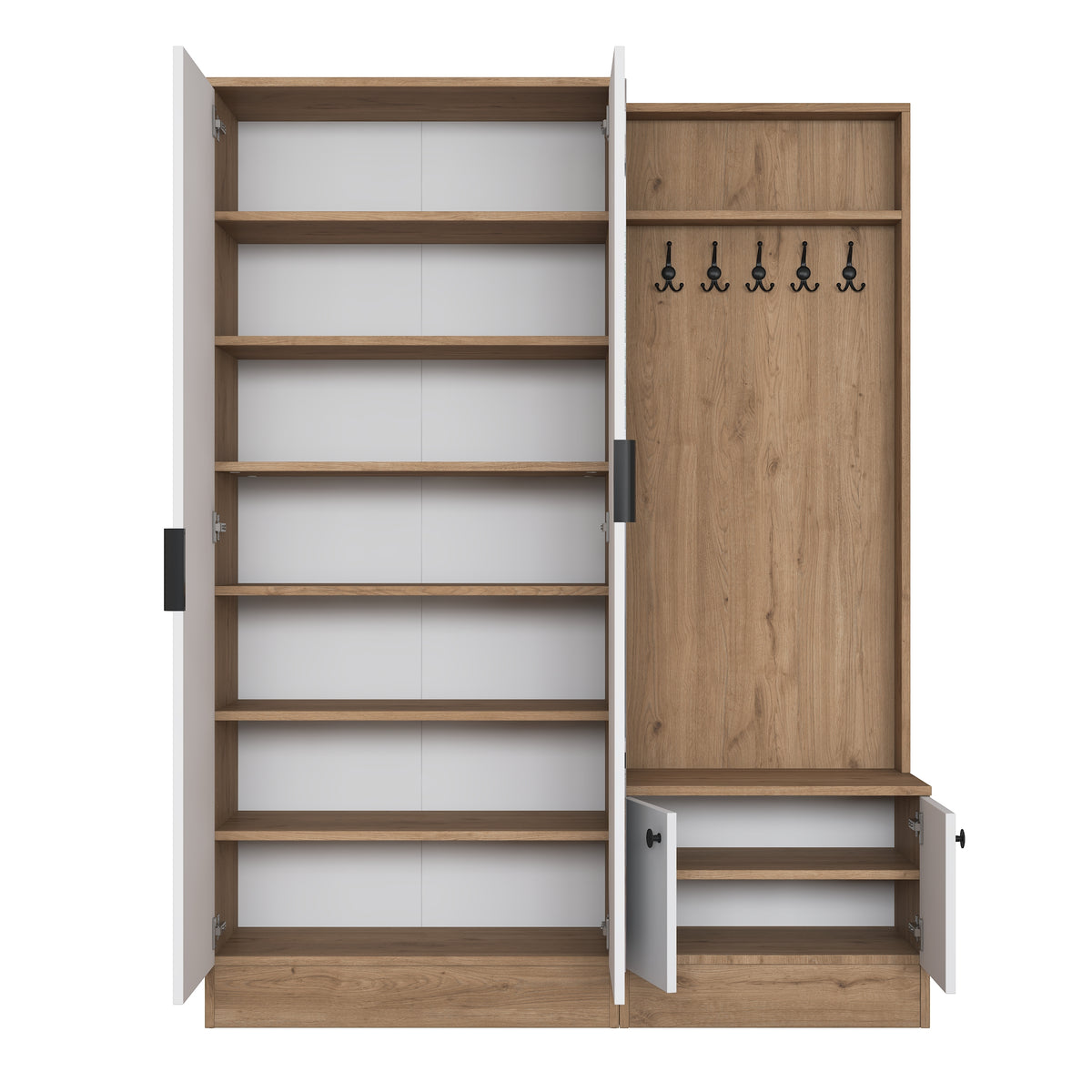 Rani EA175 Modern Portmanto 4 Kapaklı Aynalı Raflı Askılı Ayakkabılık Vestiyer Sepet Ceviz - Beyaz