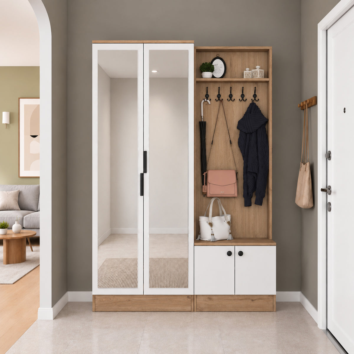 Rani EA175 Modern Portmanto 4 Kapaklı Aynalı Raflı Askılı Ayakkabılık Vestiyer Sepet Ceviz - Beyaz
