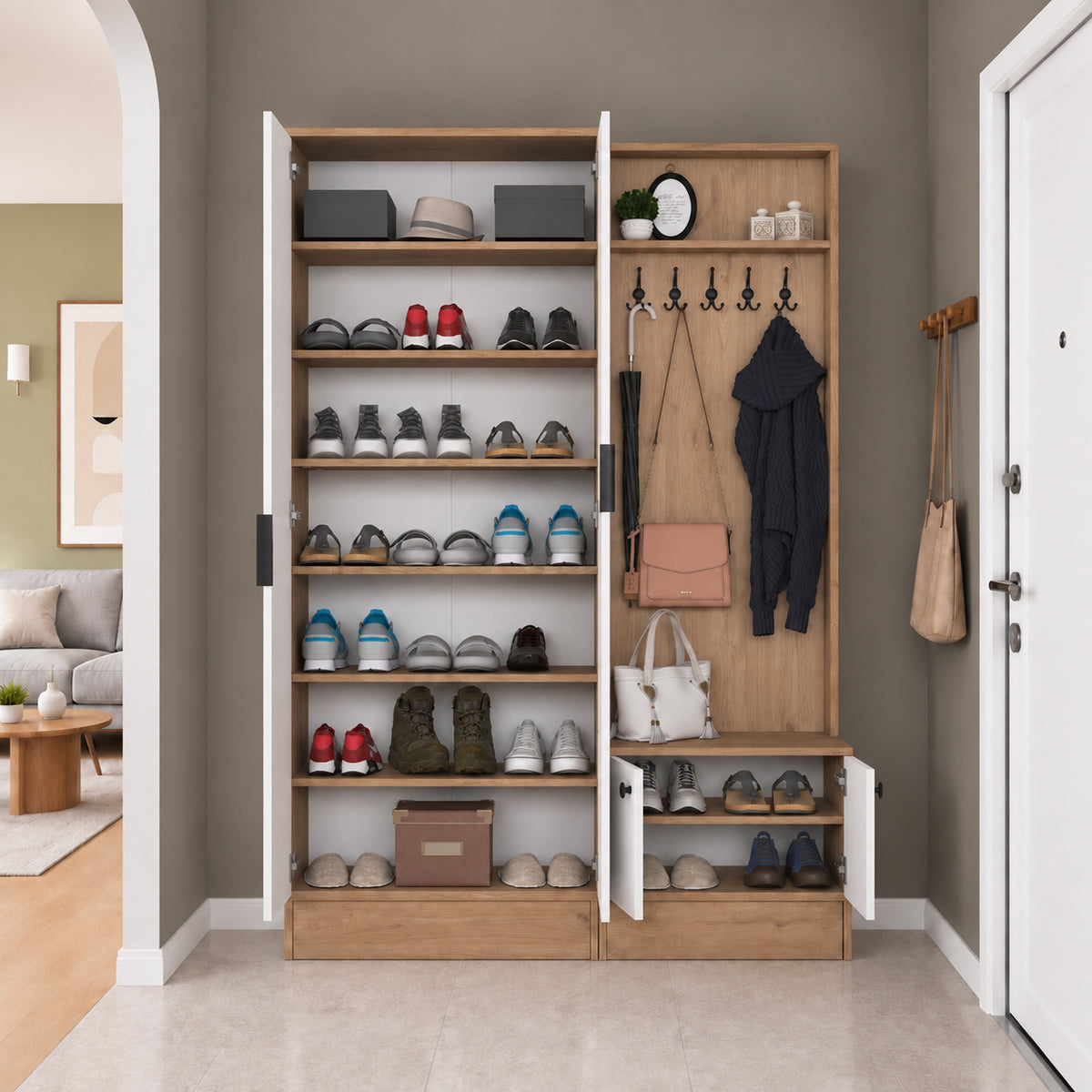 Rani EA175 Modern Portmanto 4 Kapaklı Aynalı Raflı Askılı Ayakkabılık Vestiyer Sepet Ceviz - Beyaz