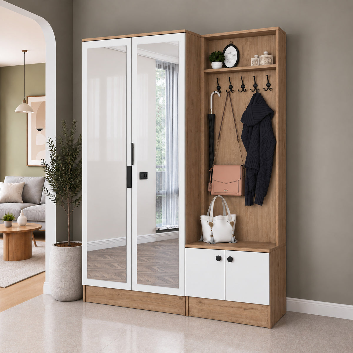Rani EA175 Modern Portmanto 4 Kapaklı Aynalı Raflı Askılı Ayakkabılık Vestiyer Sepet Ceviz - Beyaz