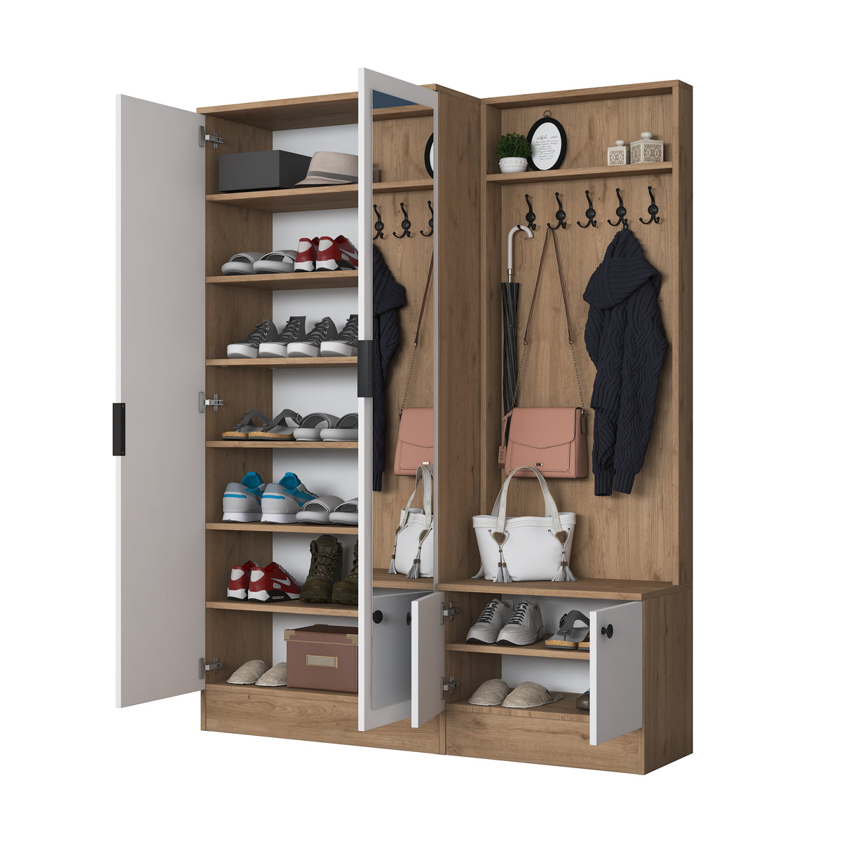 Rani EA175 Modern Portmanto 4 Kapaklı Aynalı Raflı Askılı Ayakkabılık Vestiyer Sepet Ceviz - Beyaz