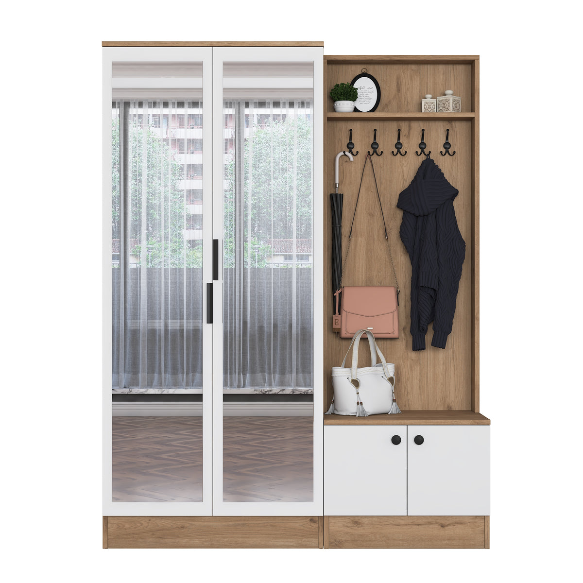 Rani EA175 Modern Portmanto 4 Kapaklı Aynalı Raflı Askılı Ayakkabılık Vestiyer Sepet Ceviz - Beyaz