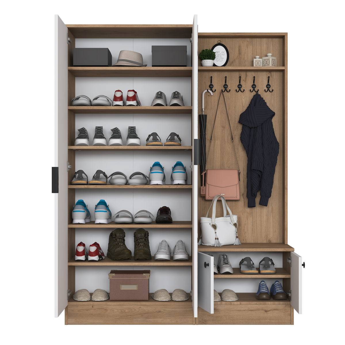 Rani EA175 Modern Portmanto 4 Kapaklı Aynalı Raflı Askılı Ayakkabılık Vestiyer Sepet Ceviz - Beyaz