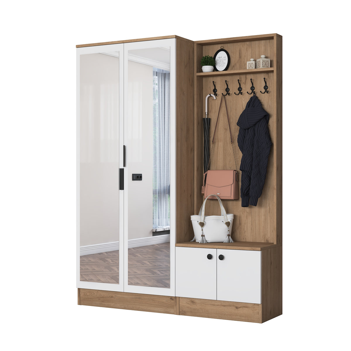 Rani EA175 Modern Portmanto 4 Kapaklı Aynalı Raflı Askılı Ayakkabılık Vestiyer Sepet Ceviz - Beyaz