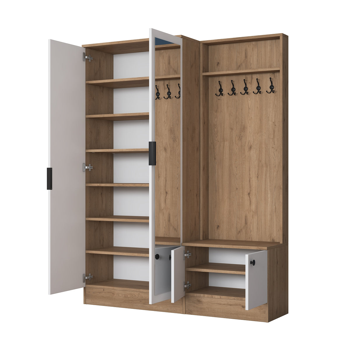Rani EA175 Modern Portmanto 4 Kapaklı Aynalı Raflı Askılı Ayakkabılık Vestiyer Sepet Ceviz - Beyaz
