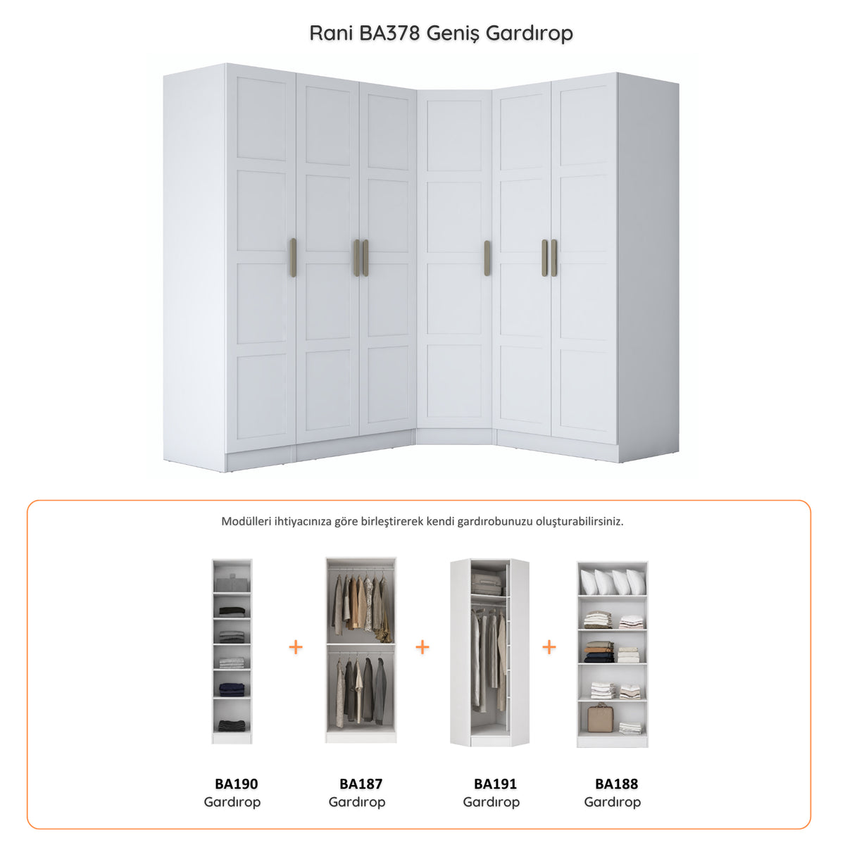 Rani BA378 Membran Kapaklı Modüler Gardırop 6 Kapaklı Raflı Askılı Elbise Dolabı Beyaz