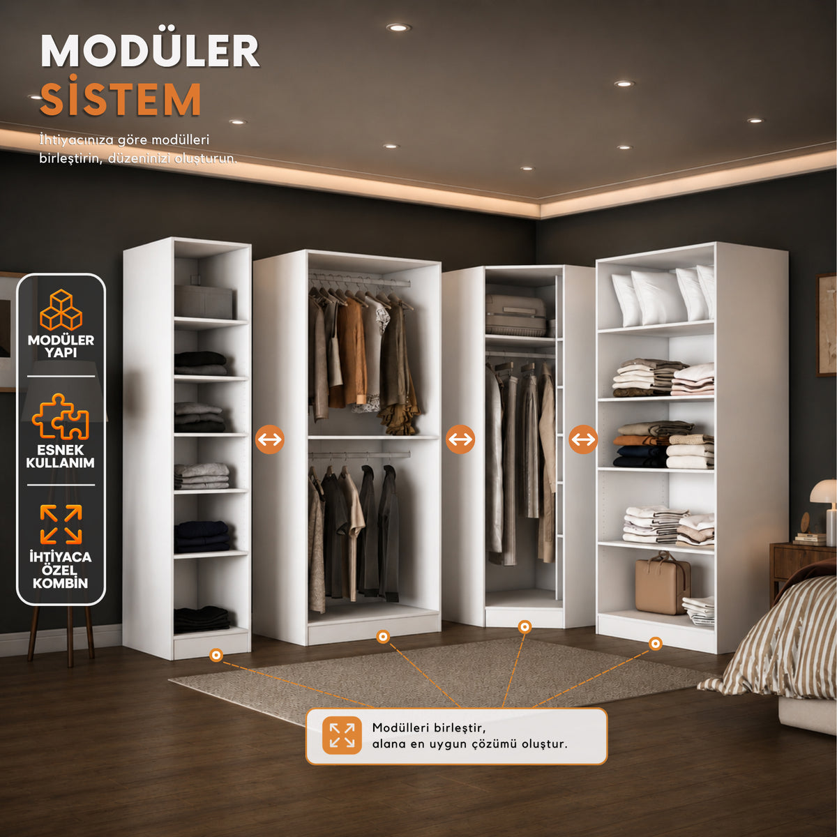 Rani BA378 Membran Kapaklı Modüler Gardırop 6 Kapaklı Raflı Askılı Elbise Dolabı Beyaz