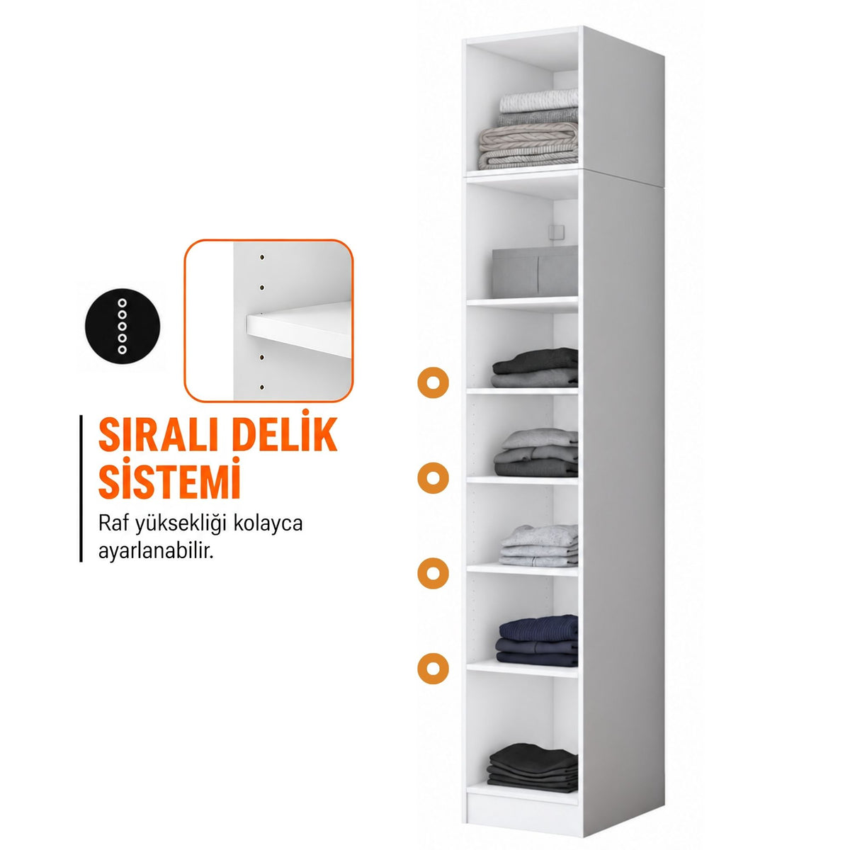 Rani BA409 Membran Kapaklı Gardırop 6 Raflı Tek Kapaklı Elbise Dolabı Beyaz
