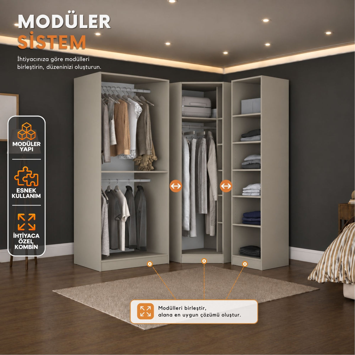 Rani BA402 Membran Kapaklı Modüler Gardırop 4 Kapaklı Raflı Askılı Elbise Dolabı Kumtaşı