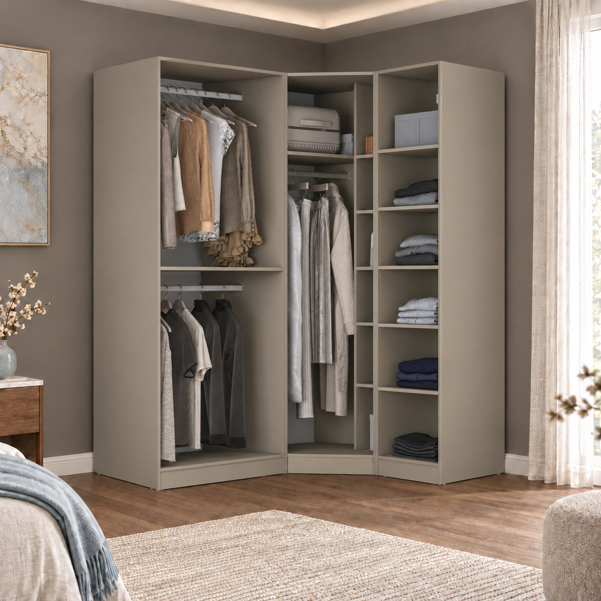 Rani BA402 Membran Kapaklı Modüler Gardırop 4 Kapaklı Raflı Askılı Elbise Dolabı Kumtaşı