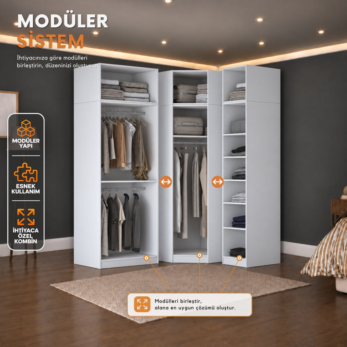 Rani BA385 Modüler Köşe Gardırop 4 Kapaklı Raflı Askılı Elbise Dolabı Beyaz
