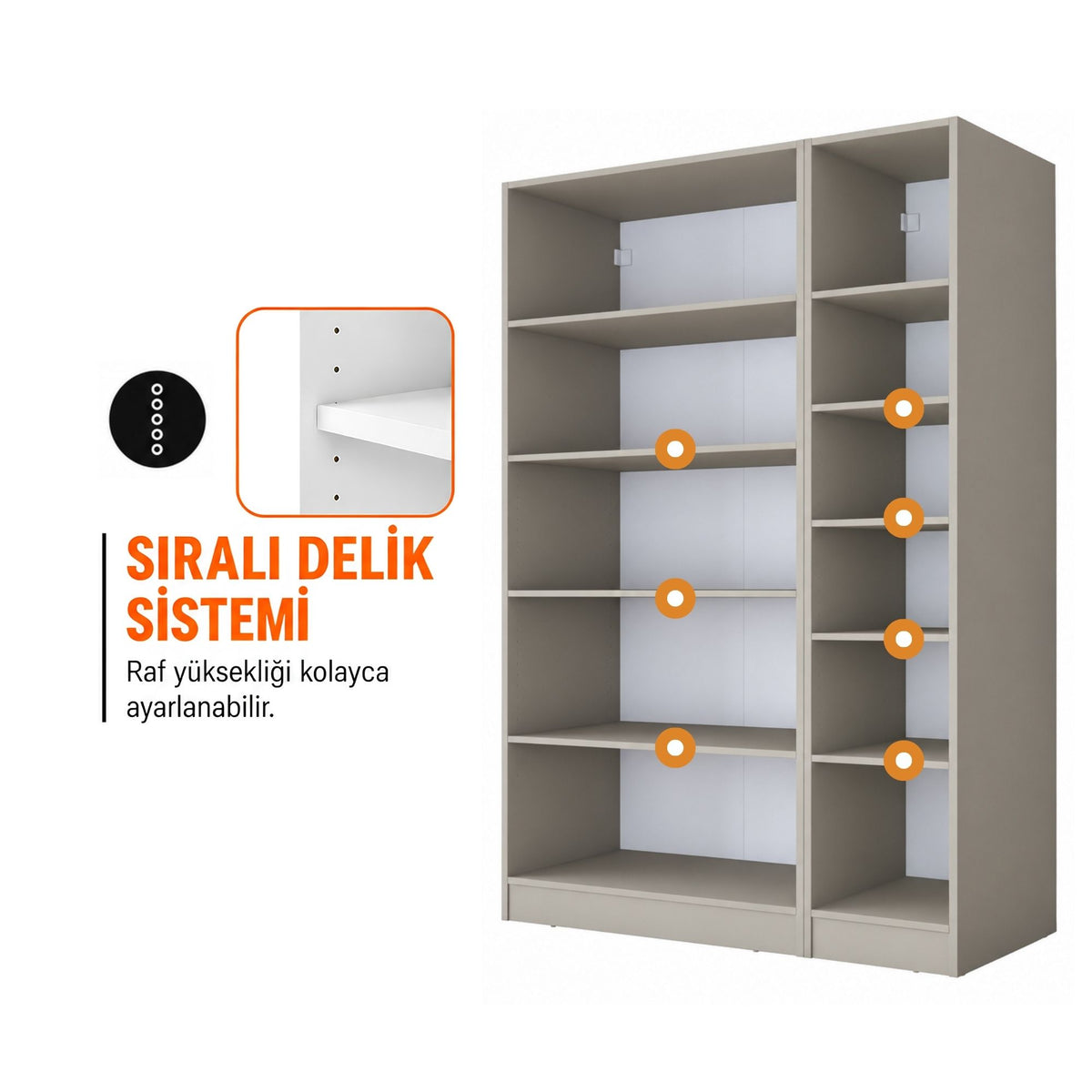Rani BA392 Modüler Gardırop 3 Kapaklı Raflı Askılı  Elbise Dolabı Kumtaşı