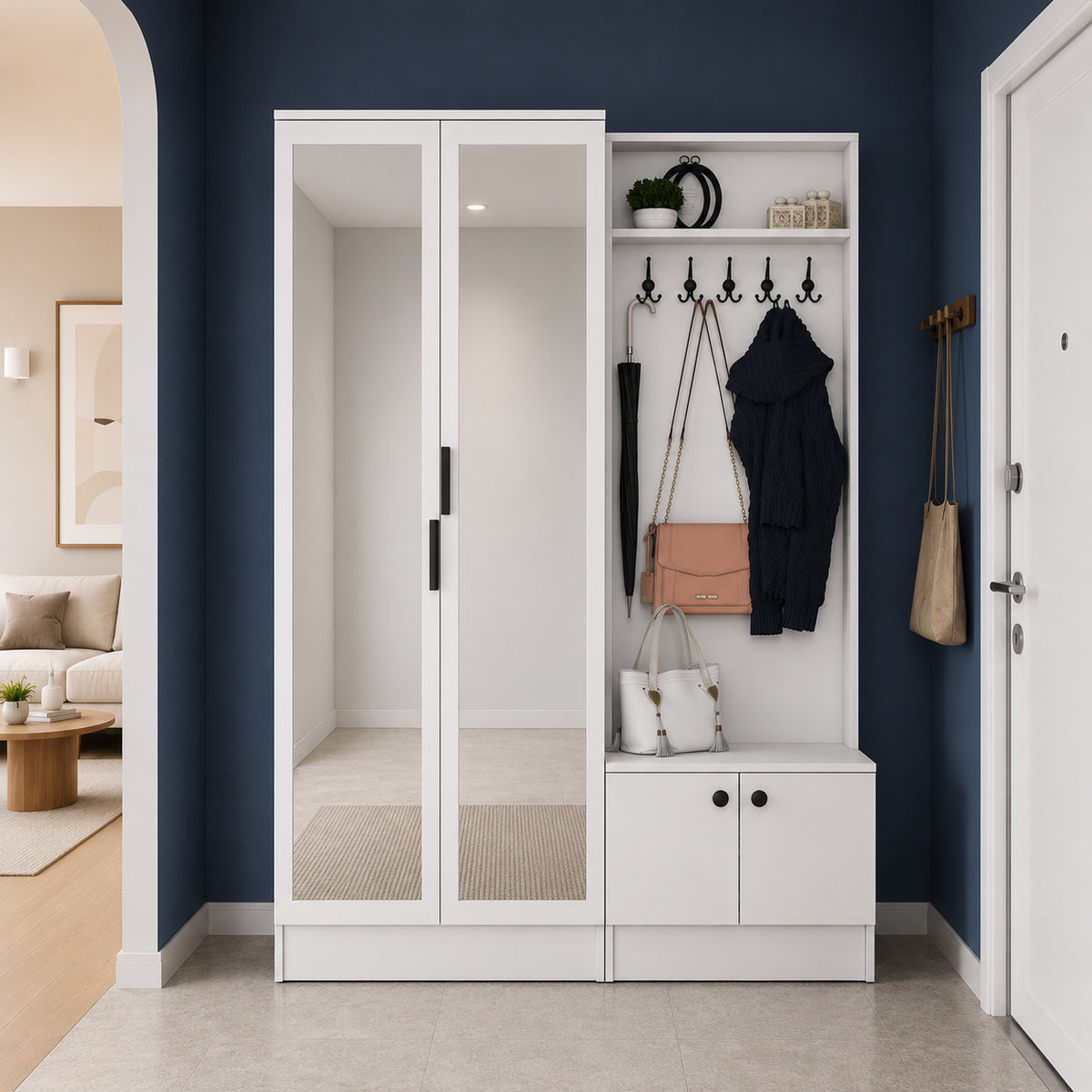 Rani EA175 Modern Portmanto 4 Kapaklı Aynalı Raflı Askılı Ayakkabılık Vestiyer Beyaz