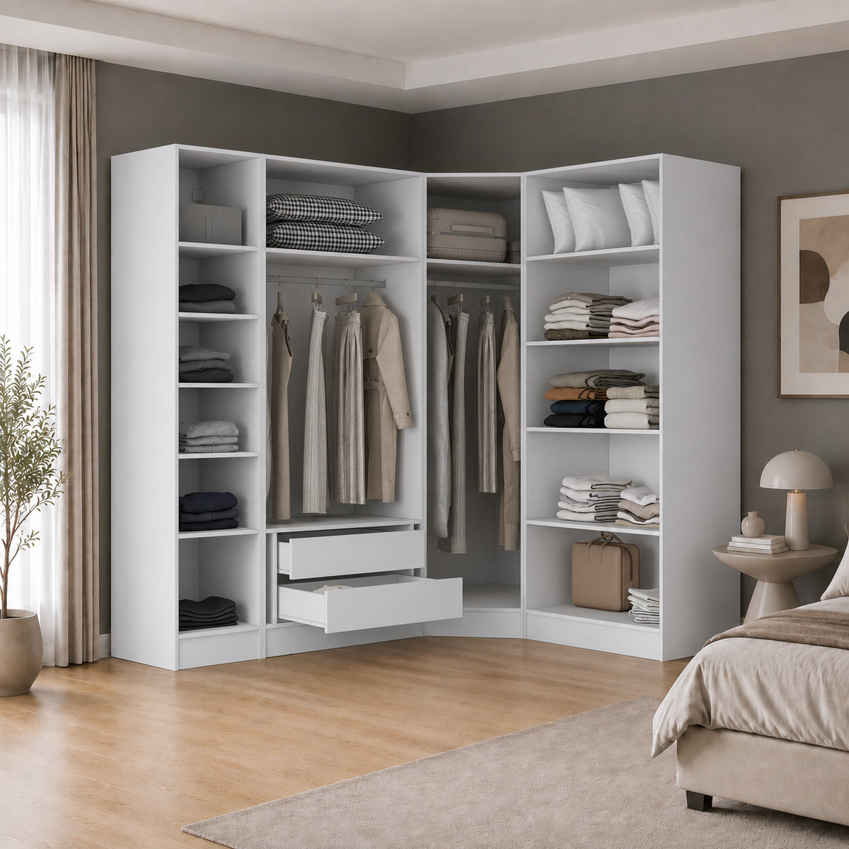 Rani BA381 Modüler Gardırop 6 Kapaklı Raflı Askılı Çekmeceli Elbise Dolabı Beyaz