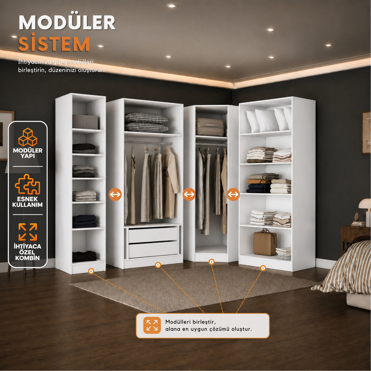 Rani BA381 Modüler Gardırop 6 Kapaklı Raflı Askılı Çekmeceli Elbise Dolabı Beyaz