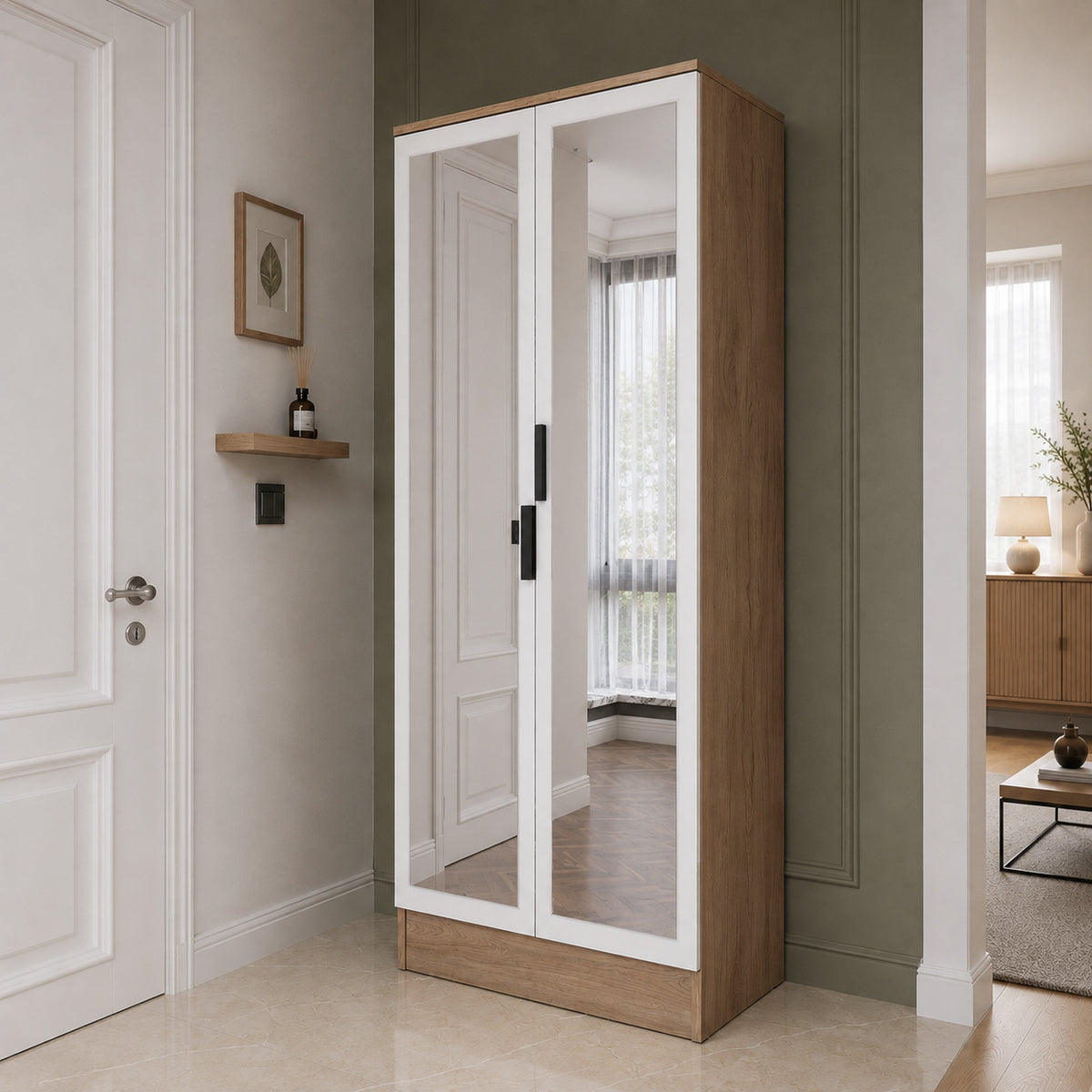 Rani EA163 Modern Portmanto 2 Kapaklı Aynalı Raflı Ayakkabılık Vestiyer Sepet Ceviz - Beyaz