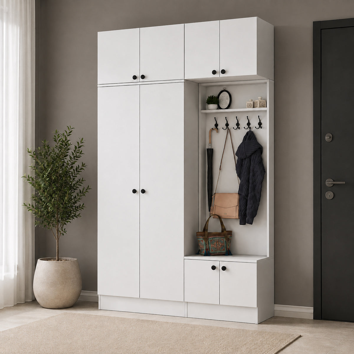 Rani EA170 Modern Portmanto 8 Kapaklı Raflı Askılı Ayakkabılık Vestiyer Beyaz