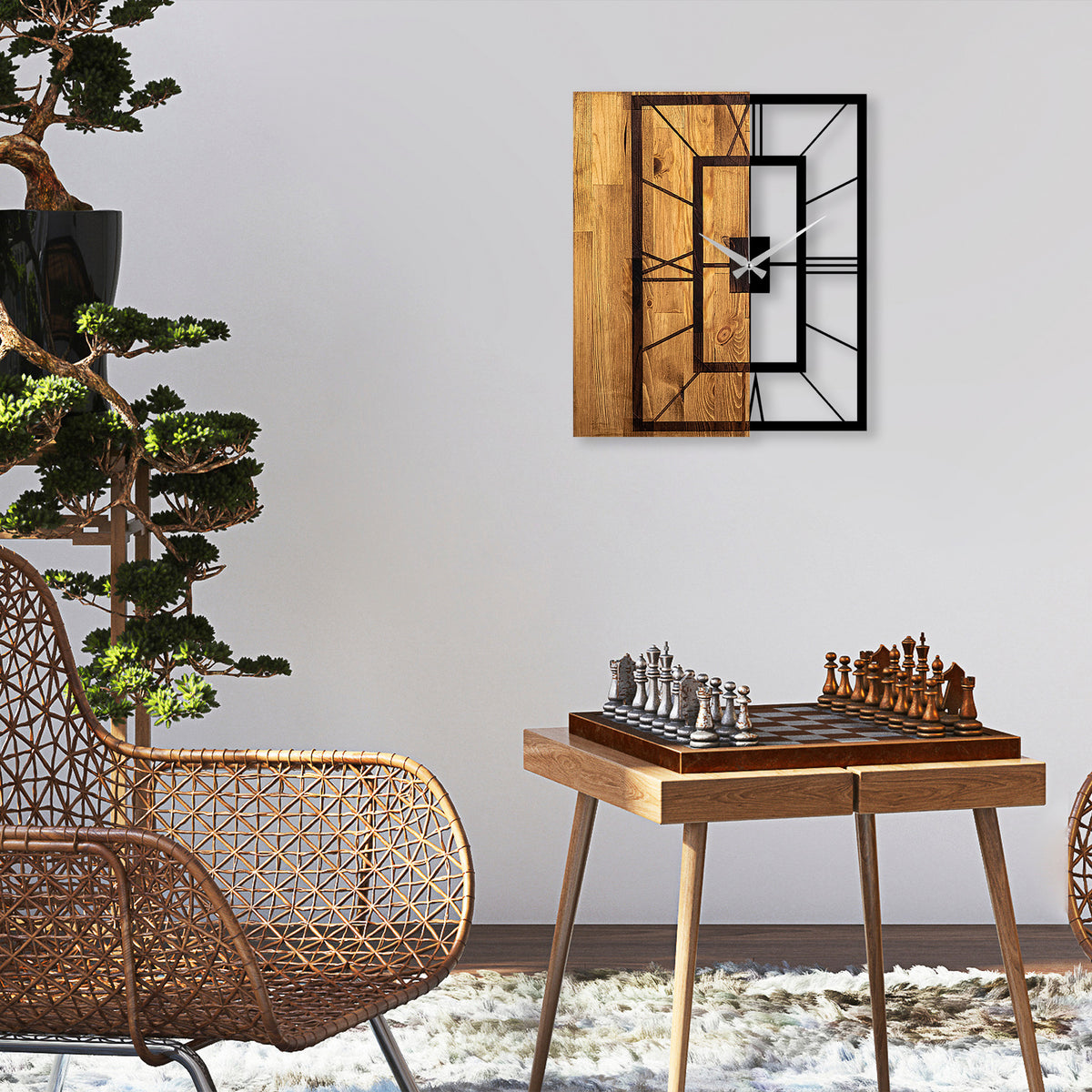 Rani Home Dekoratif Ahşap Duvar Saati Açık Ceviz - Siyah AB-5890