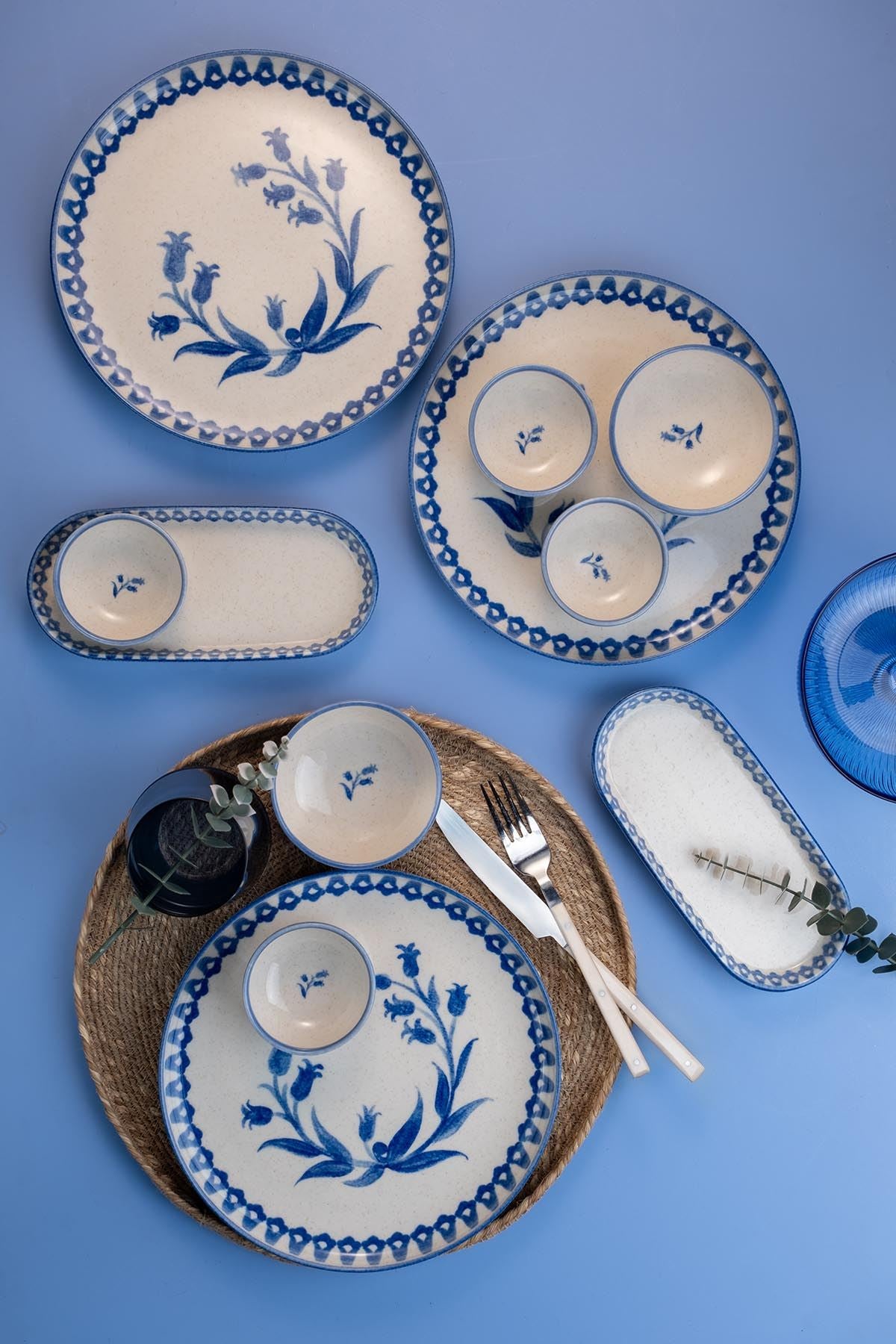 Rani Mobilya Rani Home Kahvaltı Takımı (14 Parça) Kütahya Porselen Beyaz - Mavi JA-6928