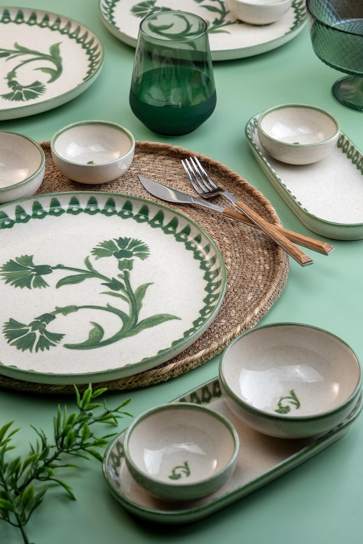 Rani Home Kahvaltı Takımı (14 Parça) Kütahya Porselen  Krem - Yeşil JA-6872