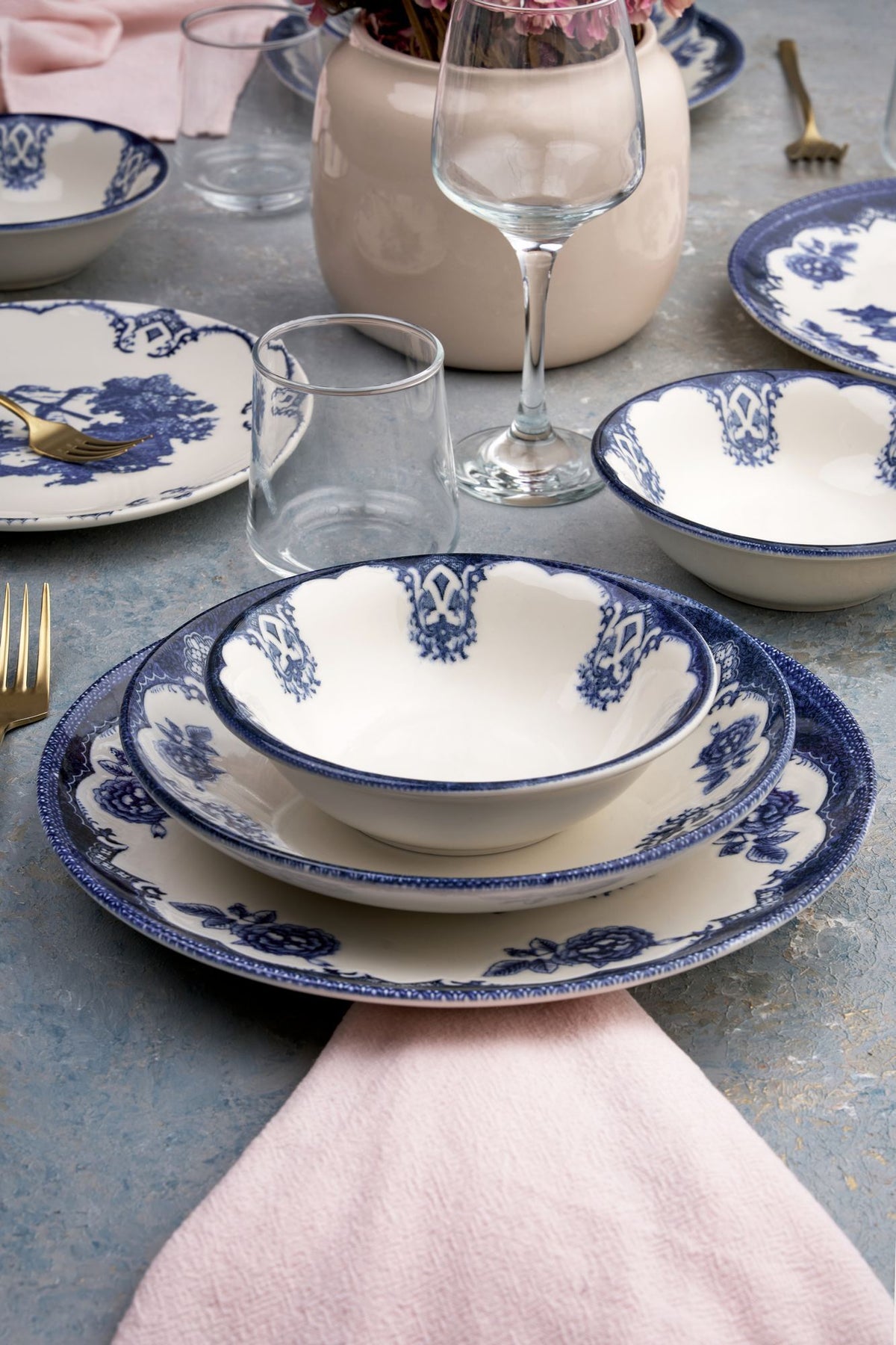 Rani Home Yemek Takımı (24 Parça) Hermia Beyaz - Mavi HE-6804