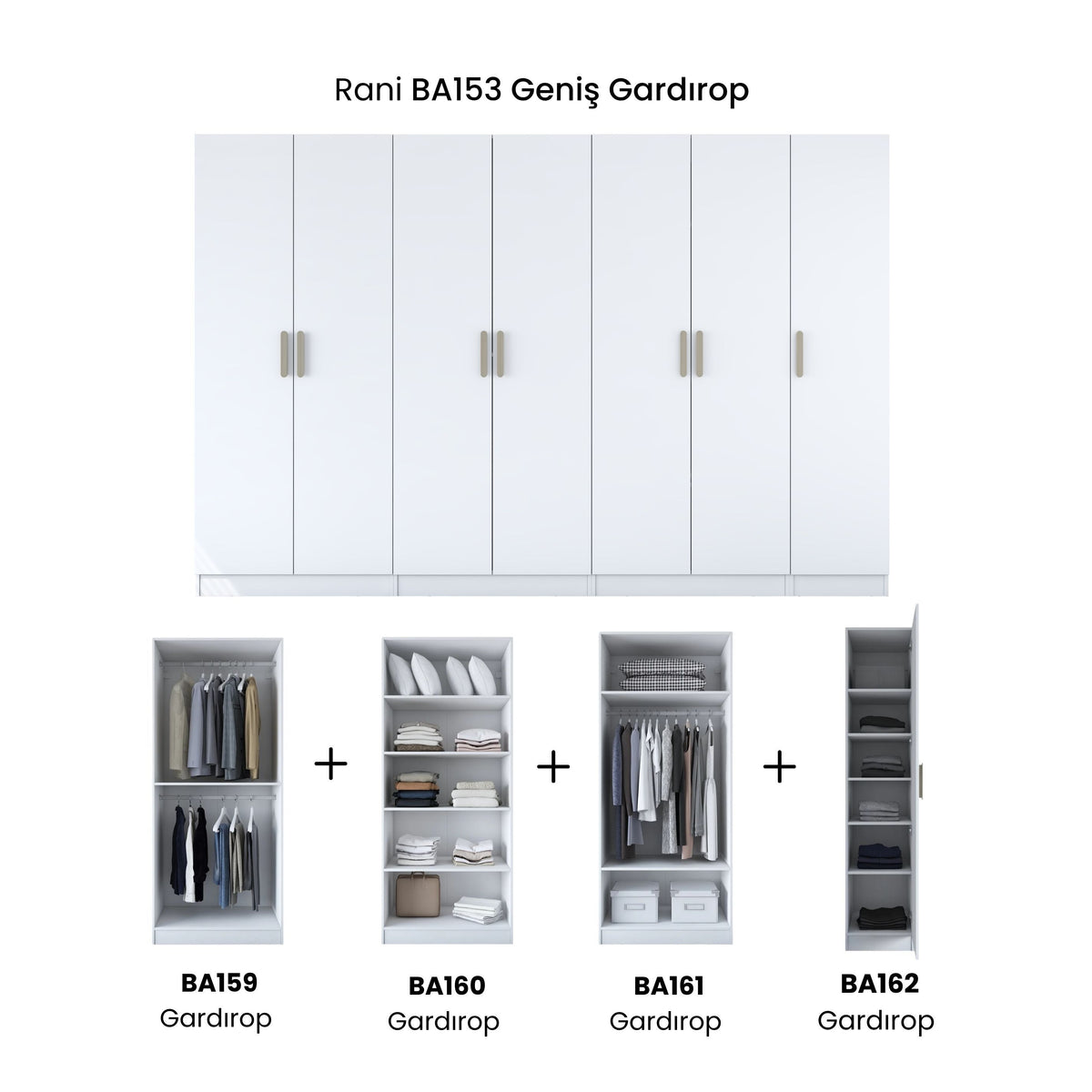 Rani BA153 Modüler Gardırop 7 Kapaklı Raflı Askılı Modüler Dolabı Beyaz