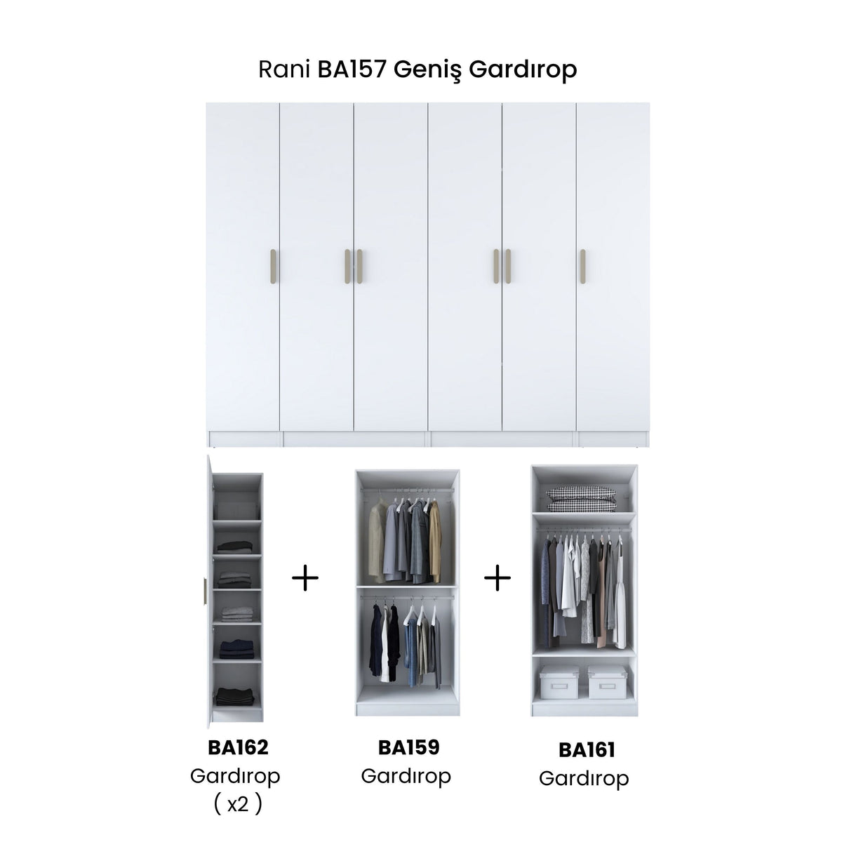 Rani BA157 Modüler Gardırop 6 Kapaklı Raflı Askılı Elbise Dolabı Beyaz