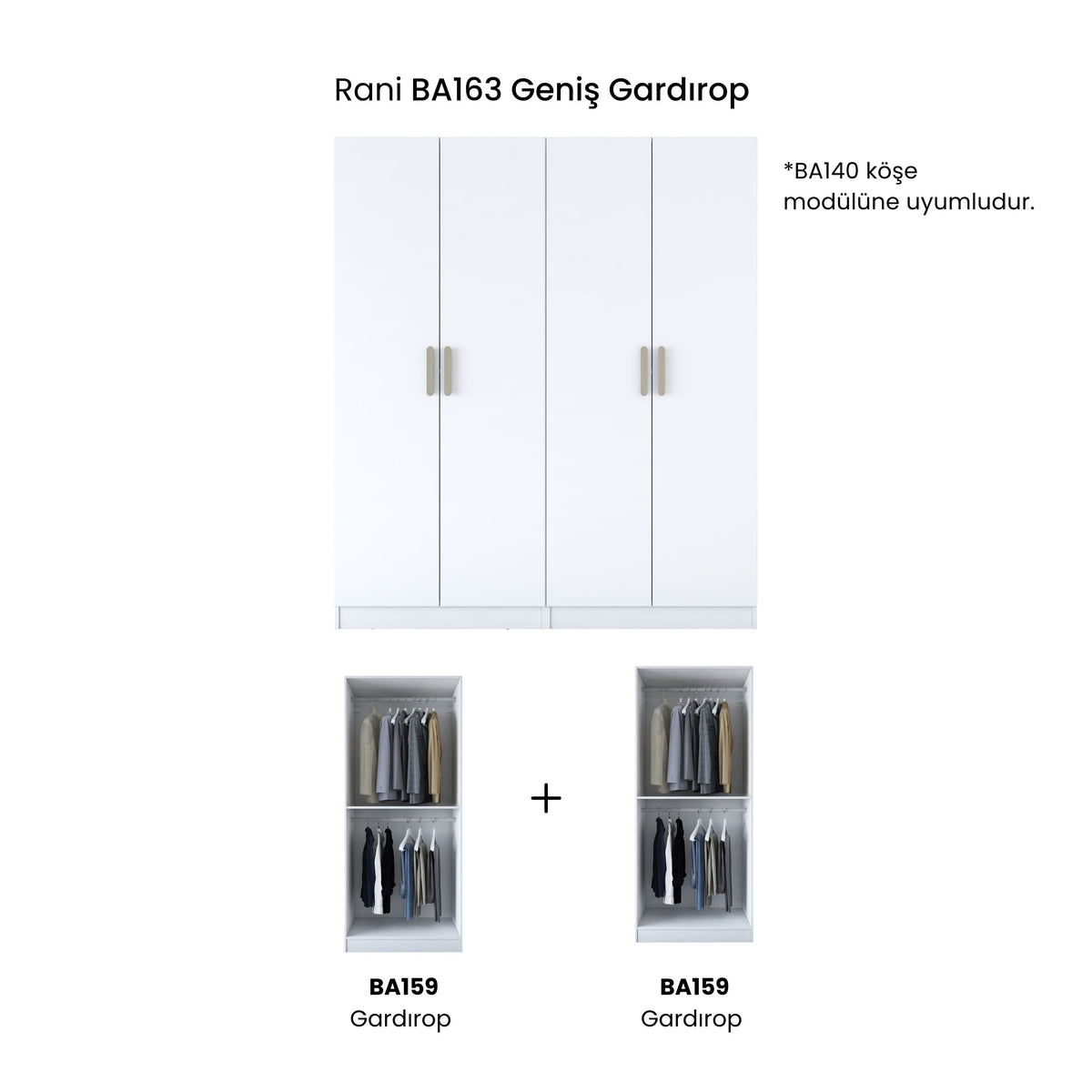Rani BA163 geniş gardırop elbise dolabı beyaz renkli, 4 kapaklı modüler dolap modeli; 2 raflı ve 4 askılı geniş iç hacimli, modern tasarımlı yatak odası gardırop çözümü