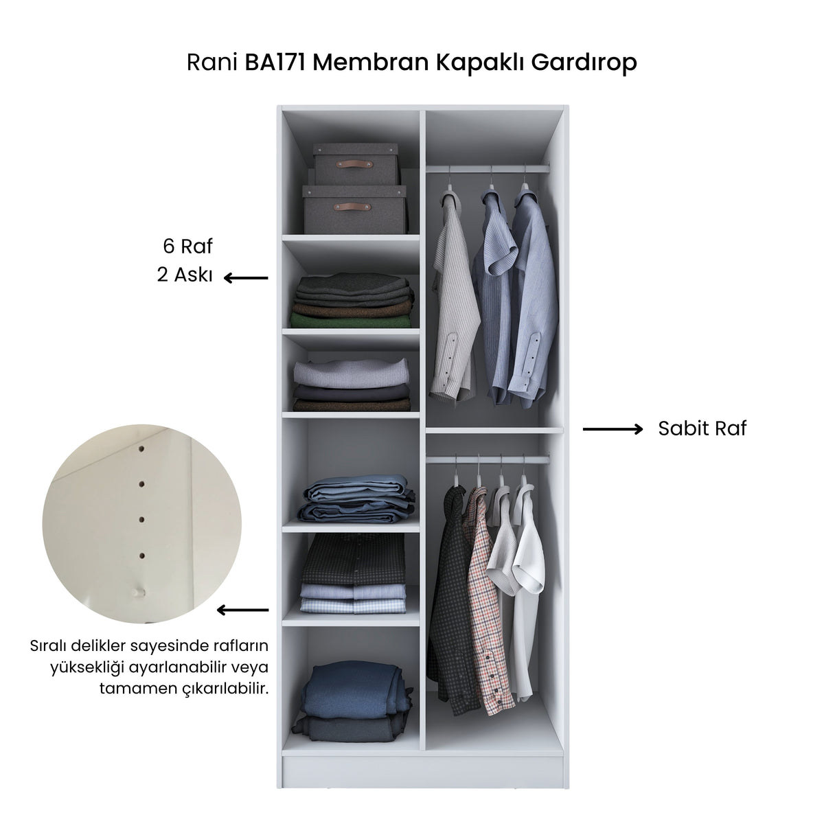 Rani BA171 Gardırop 2 Kapaklı 6 Raflı 2 Askılı Elbise Dolabı Beyaz