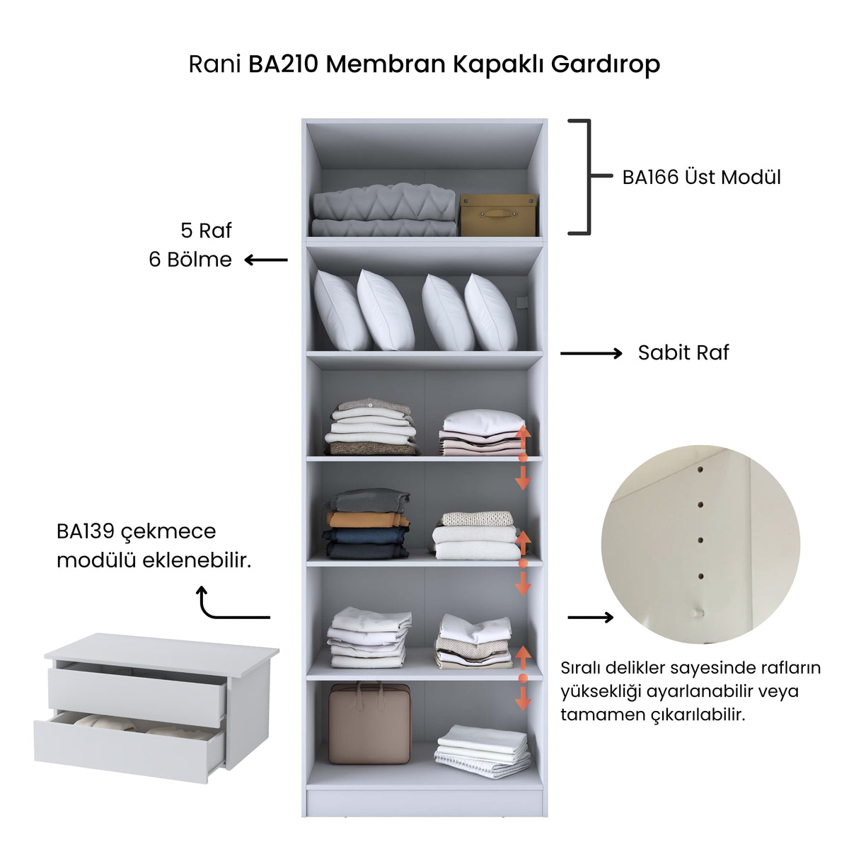 Rani BA210 Gardırop 2 Kapaklı 5 Raflı Elbise Dolabı Beyaz