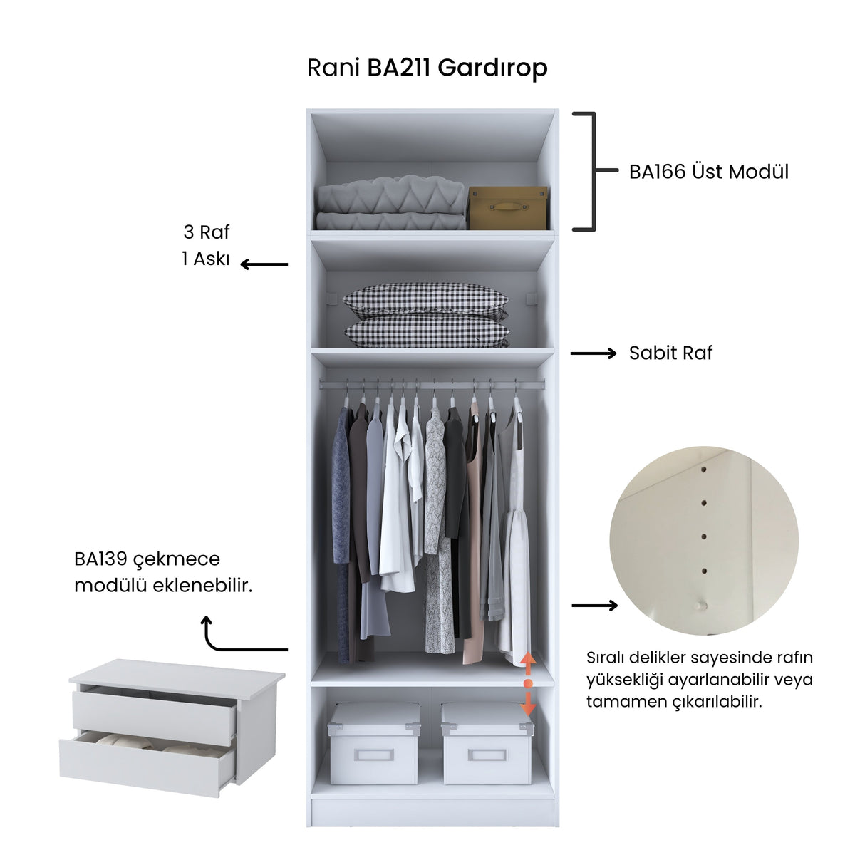 Rani BA211 Gardırop 2 Kapaklı 3 Raflı Askılı Elbise Dolabı Beyaz