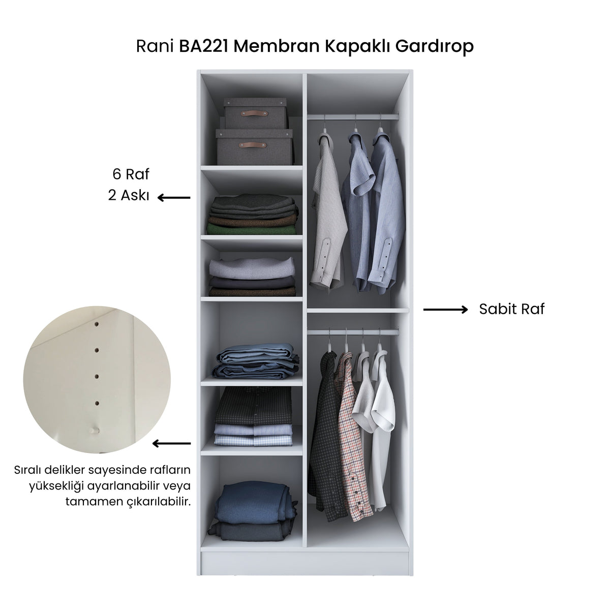 Rani BA221 Membran Kapaklı Gardırop 6 Raflı 2 Kapaklı 2 Askılı Elbise Dolabı Beyaz