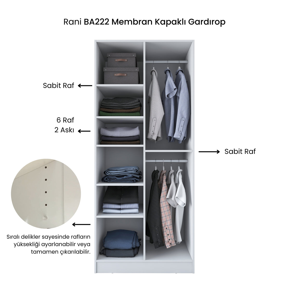 Rani BA222 Membran Kapaklı Gardırop 2 Kapaklı 6 Raflı 2 Askılı Elbise Dolabı Beyaz