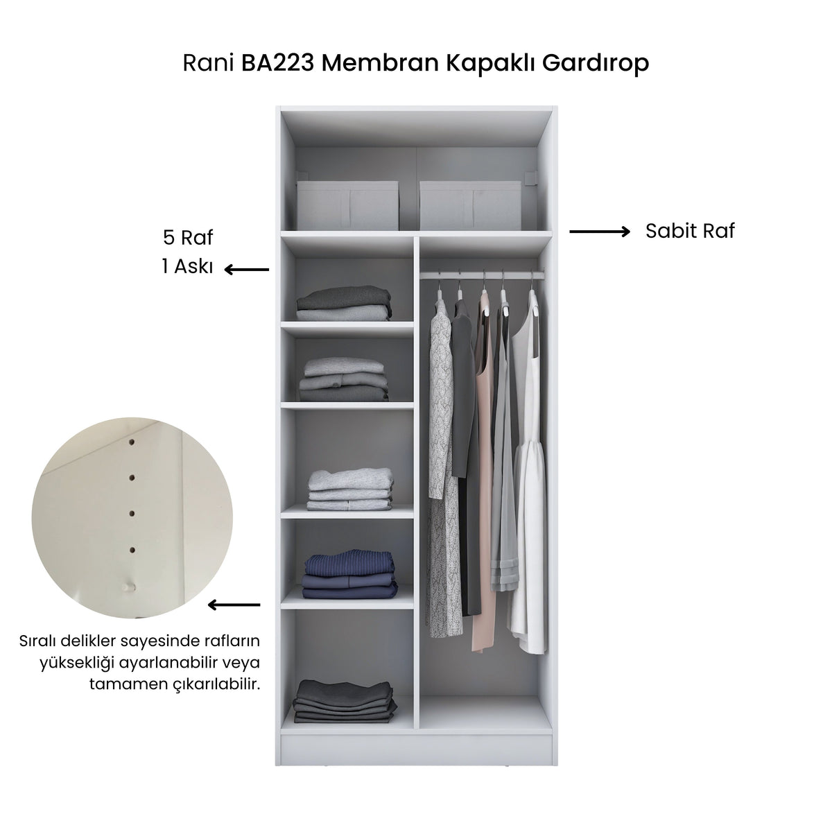 Rani BA223 Membran Kapaklı Gardırop 2 Kapaklı 5 Raflı Askılı Elbise Dolabı Beyaz