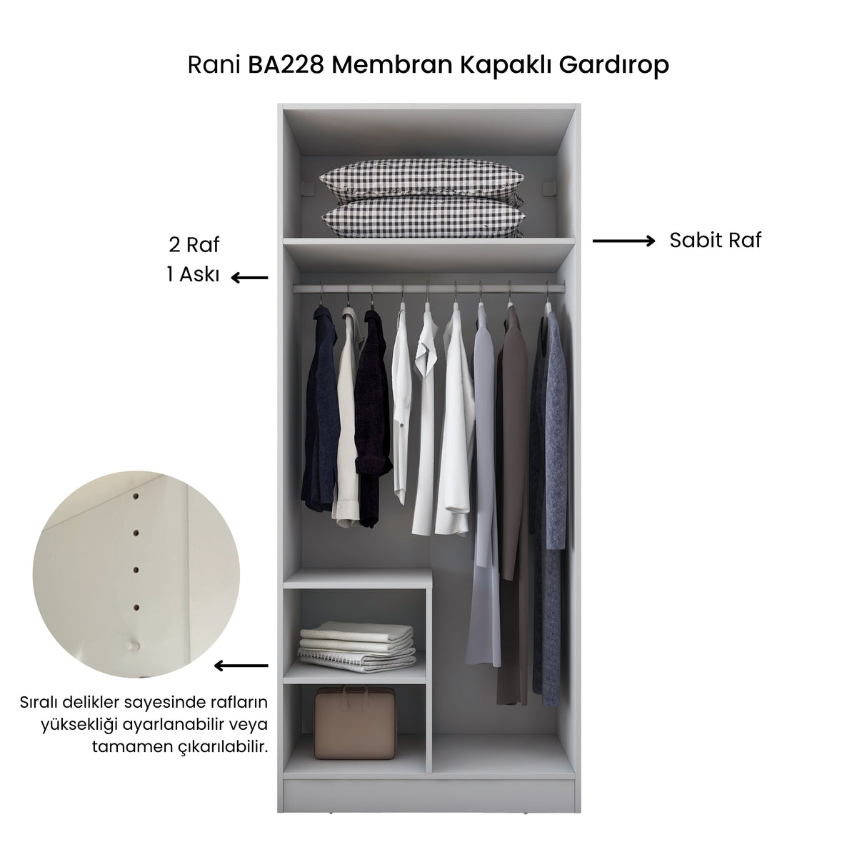 Rani BA228 Membran Kapaklı Gardırop 2 Kapaklı 2 Raflı Askılı Elbise Dolabı Beyaz