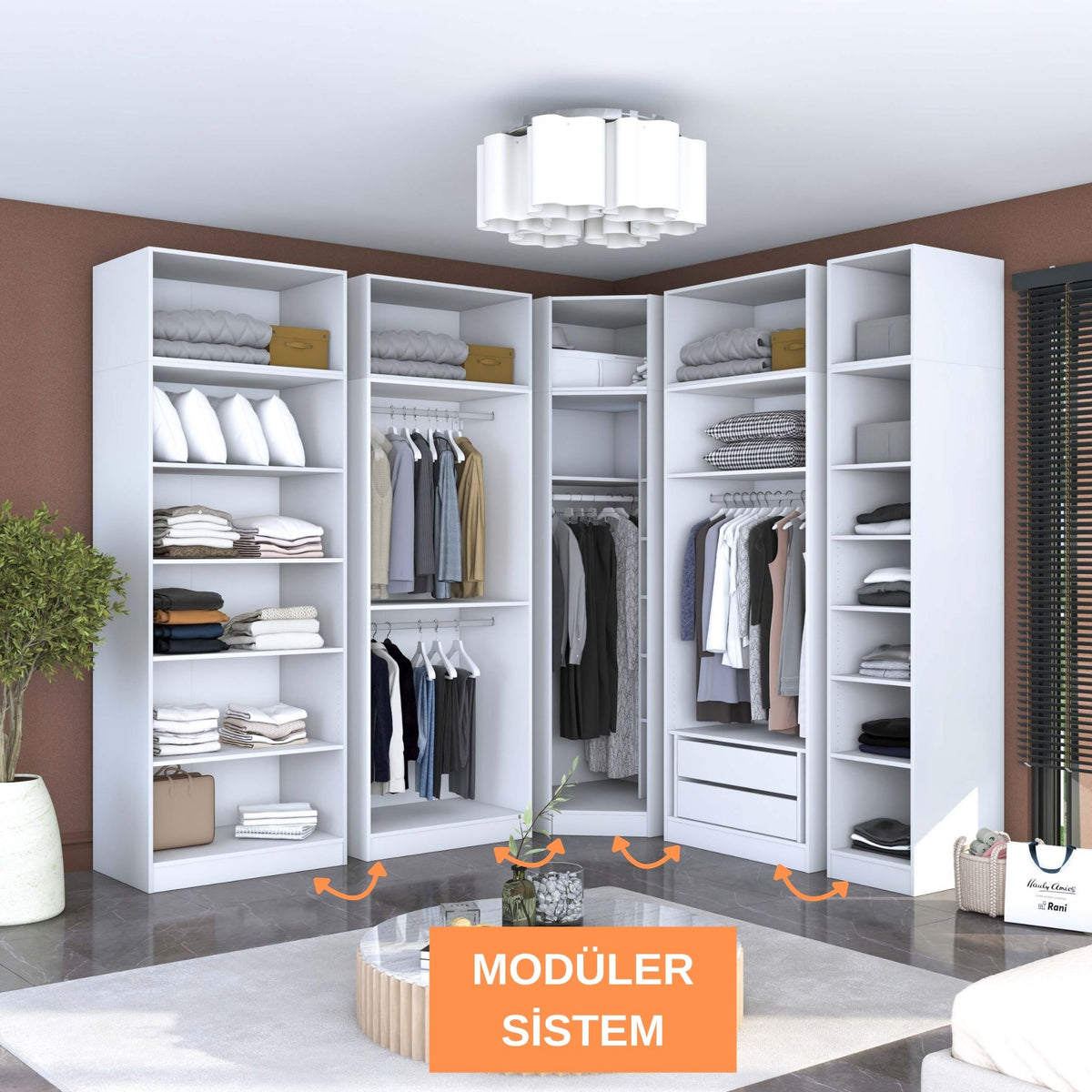 Rani BA214 Modüler Gardırop 8 Kapaklı Raflı Askılı Çekmeceli Elbise Dolabı Beyaz