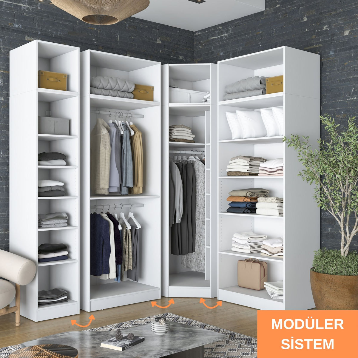 Rani BA229 Modüler Köşe Gardırop 6 Kapaklı Raflı Askılı Elbise Dolabı Beyaz