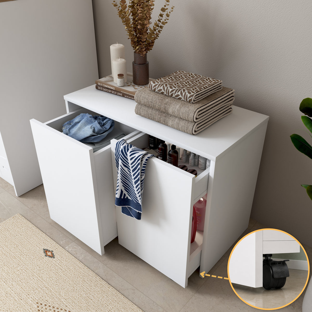 Rani KC117 Tekerlekli Kirli Çamaşır Dolabı 2 Bölmeli Banyo Dolabı Beyaz