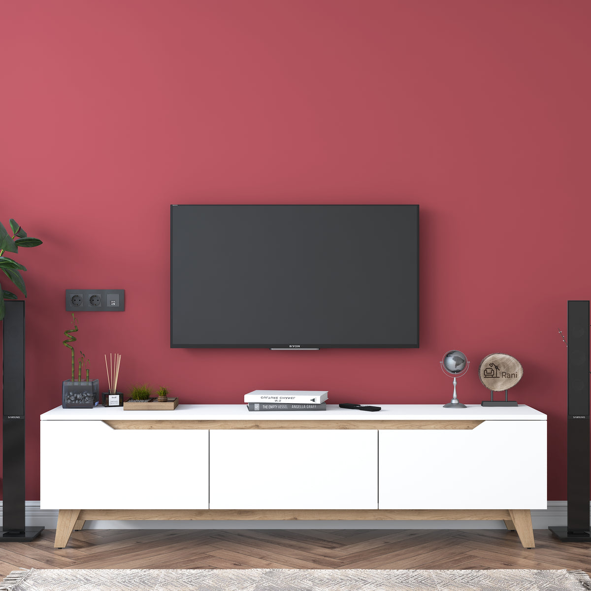 Rani D1 Tv Ünitesi Modern Ayaklı Tv Sehpası 180 cm Beyaz - Sepet Ceviz