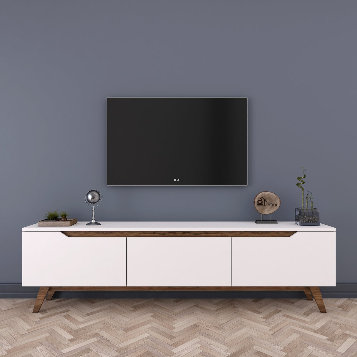 Rani D1 Tv Ünitesi Modern Ayaklı Tv Sehpası 180 cm Beyaz - Minyatür Ceviz