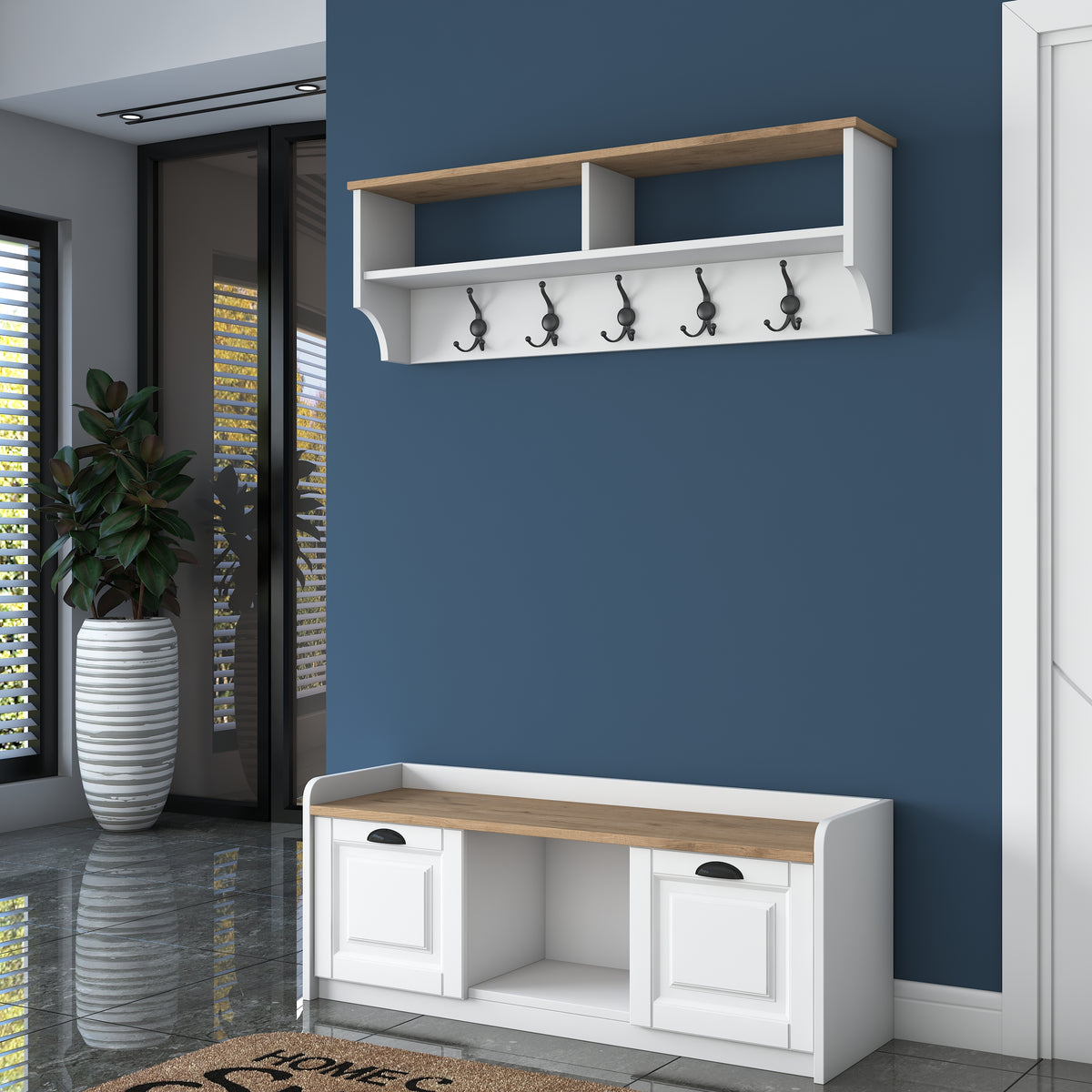 Rani P2 Modern Portmanto Ayakkabılık ve Duvar Askısı Vestiyer M1 Renk: Beyaz - Sepet Ceviz