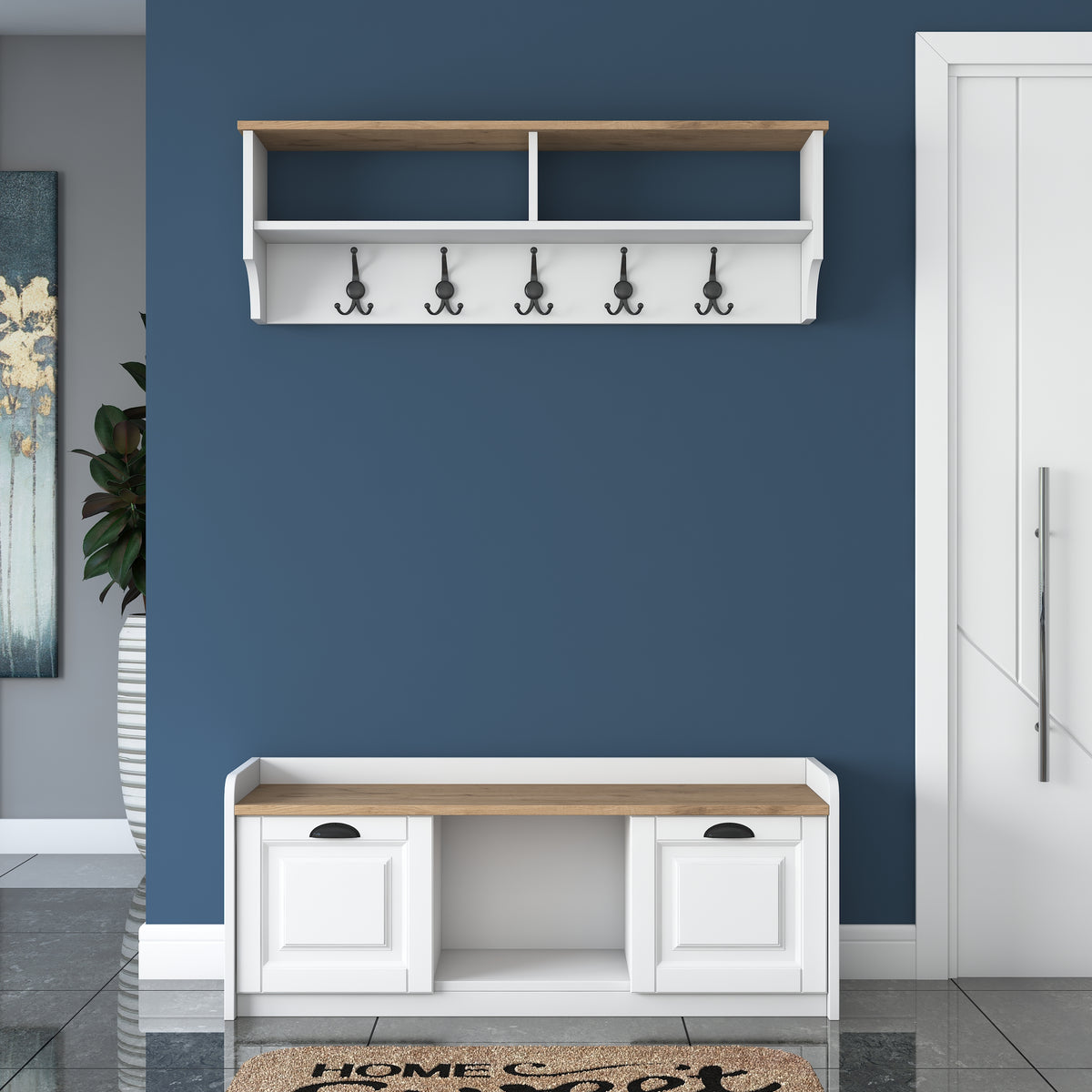 Rani P2 Modern Portmanto Ayakkabılık ve Duvar Askısı Vestiyer M1 Renk: Beyaz - Sepet Ceviz