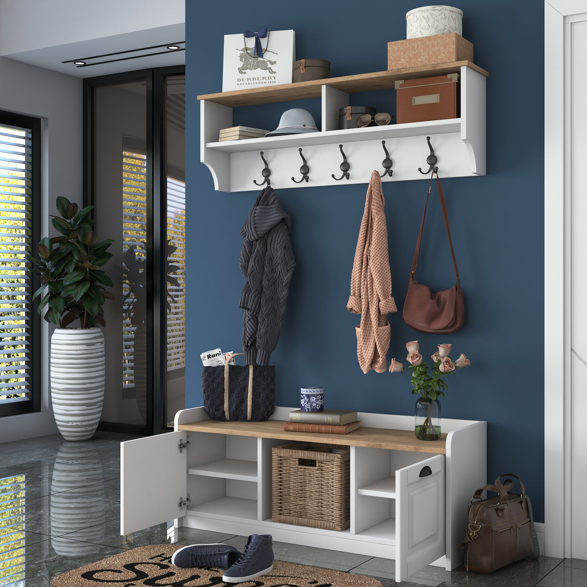 Rani P2 Modern Portmanto Ayakkabılık ve Duvar Askısı Vestiyer M1 Renk: Beyaz - Sepet Ceviz
